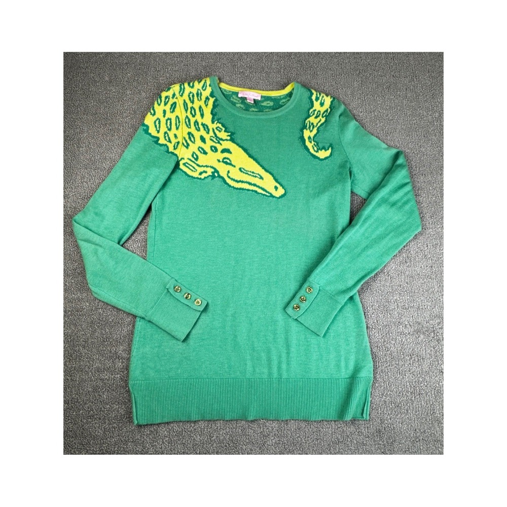 Lilly Pulitzer Charter Sweater Womens Medium Green Gator Intarsia Wool Blend